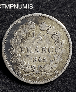 ,MONNAIE,1/2,FRANC,ARGENT,1842,B,ROUEN,LOUIS,PHILIPPE,