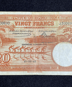 ,BILLET,CONGO,BELGE,20,FRANCS,1943,QUATRIEME,EMISSION,